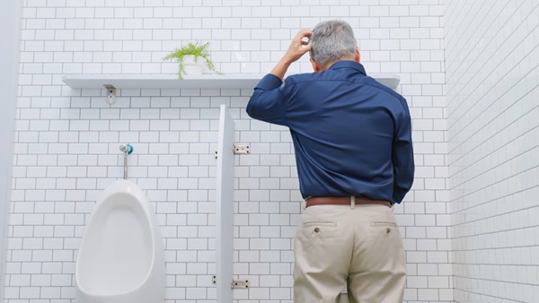 Male genitourinary system diseases concept - rear view asian worried elderly man has dysuria and urination disorder at restroom